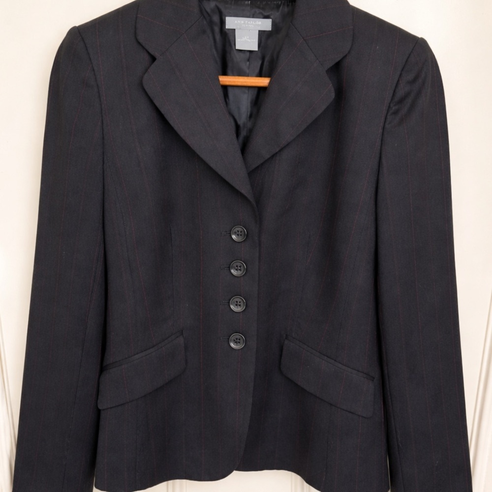 Ann Taylor Petites 4P Wool Pinstripe Blazer Black Red Career Jacket